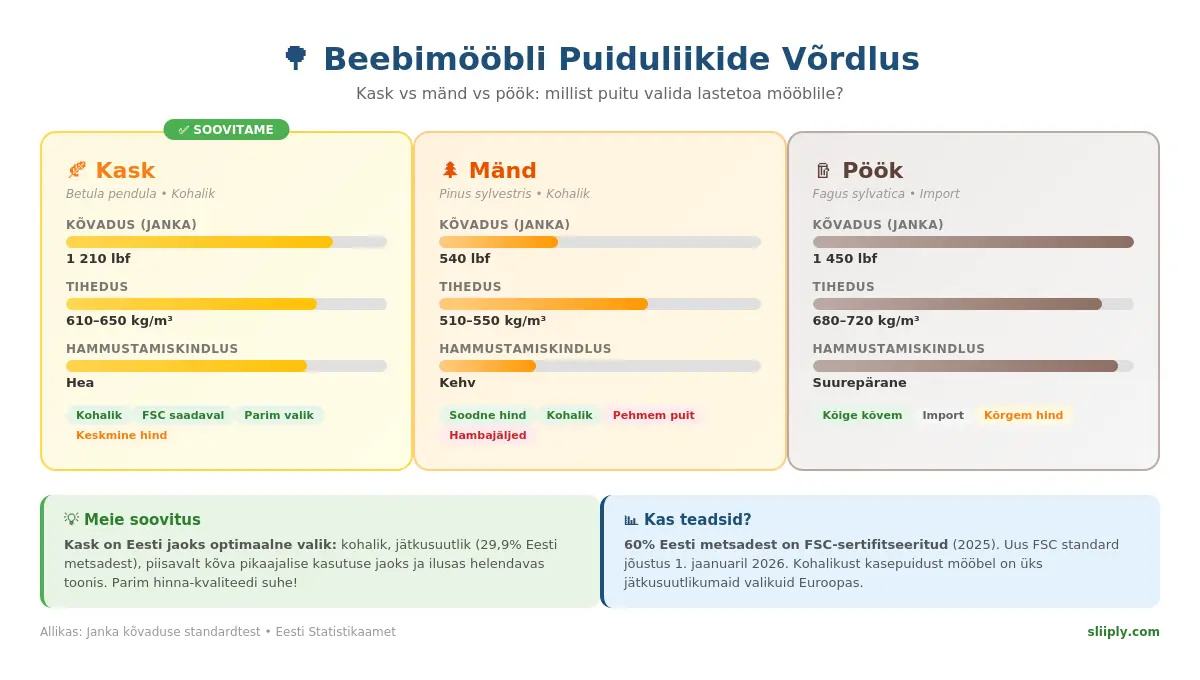 Beebimööbli puiduliikide võrdlus: Eesti kasepuit (Janka 1210), männipuit (540) ja pöögipuit (1450) – kõvadus, tihedus ja hammustamiskindlus